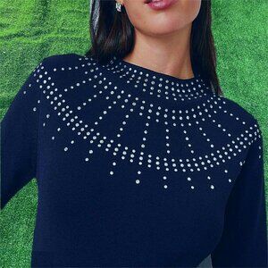 Ann Taylor Rhinestone Embellished Mock Neck Sweater T-Shirt Size M Navy Blue Sky